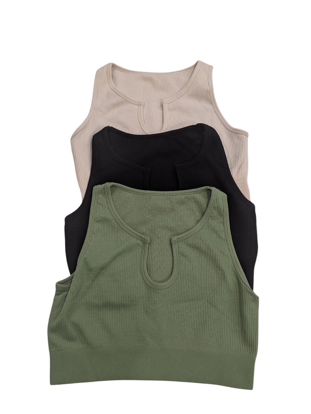 OQQ Ribbed Seamless Crop Tank Top Set 3 Pc Green Black Beige Size L